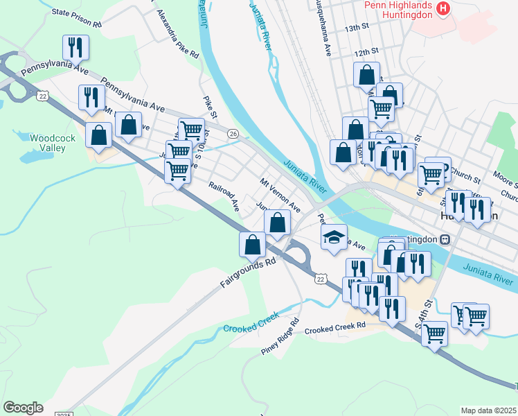 map of restaurants, bars, coffee shops, grocery stores, and more near 301-315 Spruce Street in Huntingdon