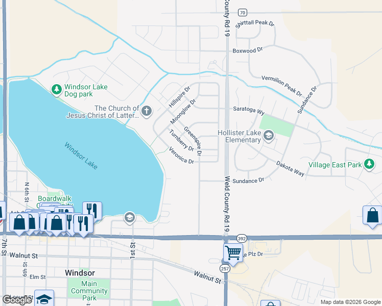 map of restaurants, bars, coffee shops, grocery stores, and more near 175 Turnberry Drive in Windsor
