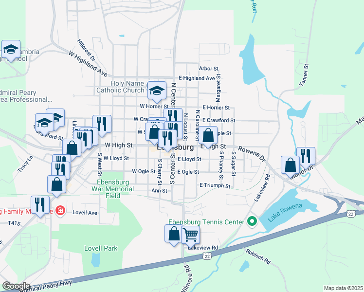 map of restaurants, bars, coffee shops, grocery stores, and more near 114 East High Street in Ebensburg