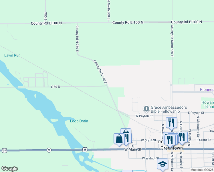 map of restaurants, bars, coffee shops, grocery stores, and more near 500 County Road N 780 East in Greentown