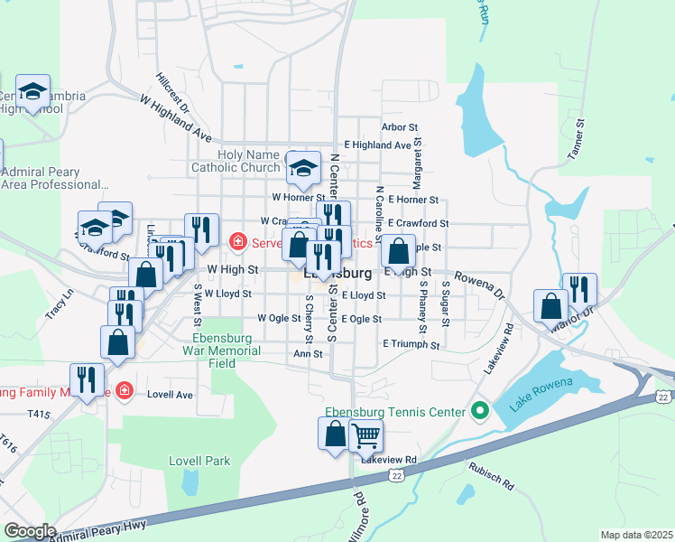 map of restaurants, bars, coffee shops, grocery stores, and more near 114 East High Street in Ebensburg