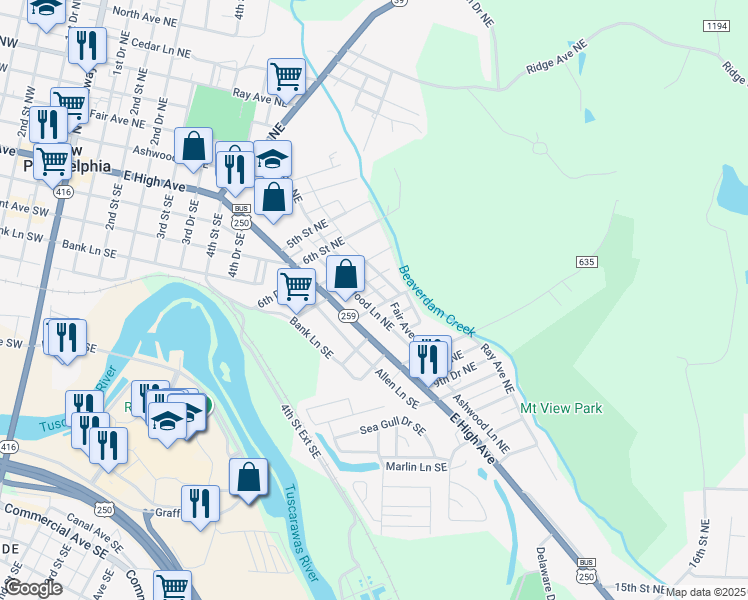 map of restaurants, bars, coffee shops, grocery stores, and more near 141 8th Street Northeast in New Philadelphia