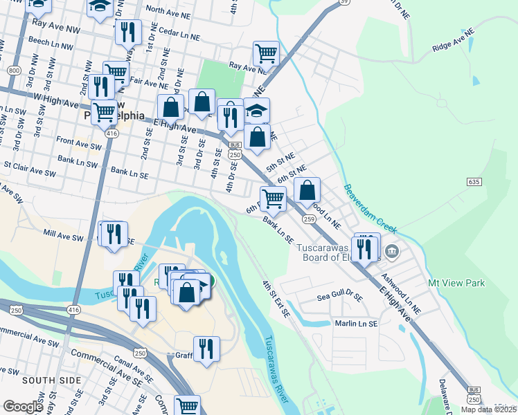map of restaurants, bars, coffee shops, grocery stores, and more near 135 6th Drive Southeast in New Philadelphia