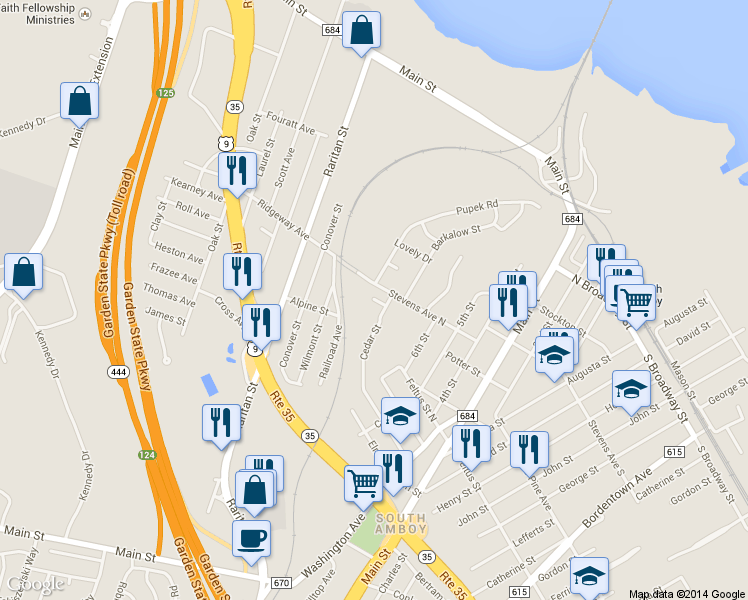 map of restaurants, bars, coffee shops, grocery stores, and more near 7 Weber Terrace in South Amboy