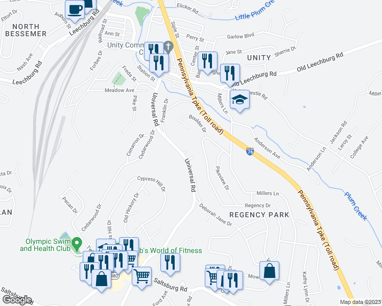 map of restaurants, bars, coffee shops, grocery stores, and more near 3214 Universal Road in Pittsburgh
