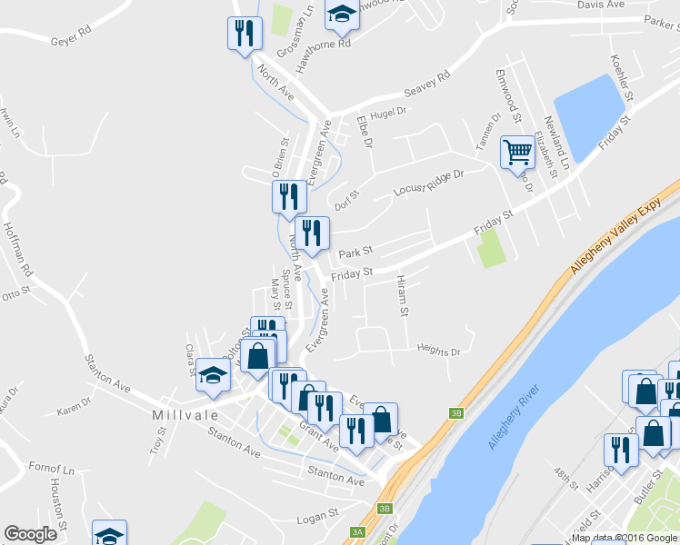 map of restaurants, bars, coffee shops, grocery stores, and more near 17 Friday Road in Pittsburgh
