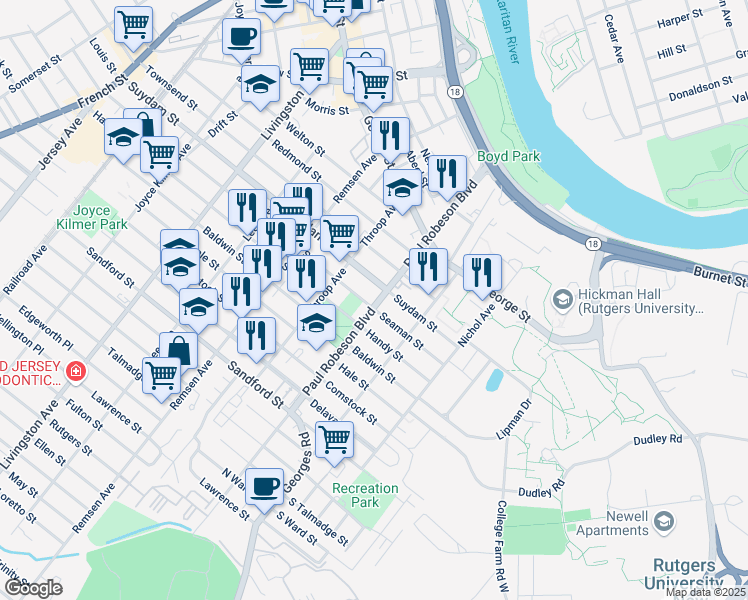 map of restaurants, bars, coffee shops, grocery stores, and more near 154 Commercial Avenue in New Brunswick