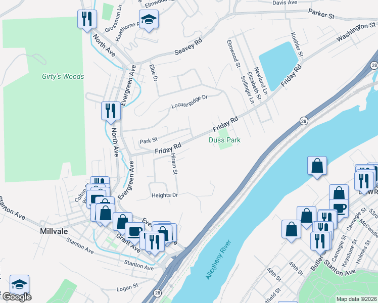 map of restaurants, bars, coffee shops, grocery stores, and more near 246 Friday Road in Pittsburgh