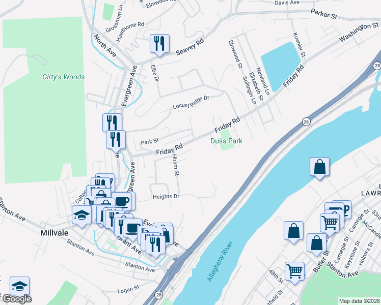 map of restaurants, bars, coffee shops, grocery stores, and more near 246 Friday Road in Pittsburgh