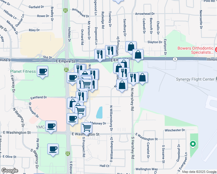 map of restaurants, bars, coffee shops, grocery stores, and more near 21 Revolutionary Square in Bloomington
