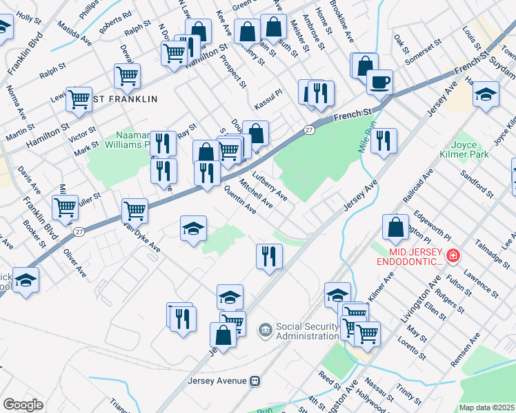 map of restaurants, bars, coffee shops, grocery stores, and more near 31 Langley Place in New Brunswick