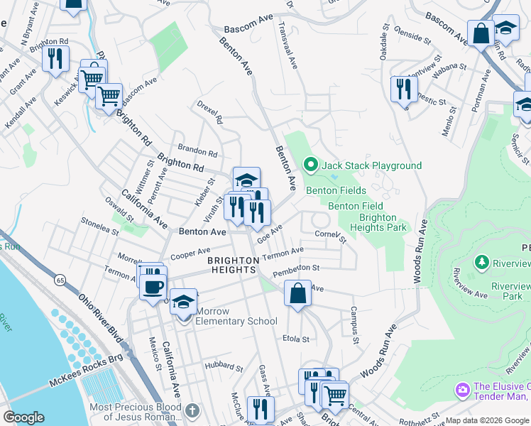 map of restaurants, bars, coffee shops, grocery stores, and more near 1266 Benton Avenue in Pittsburgh