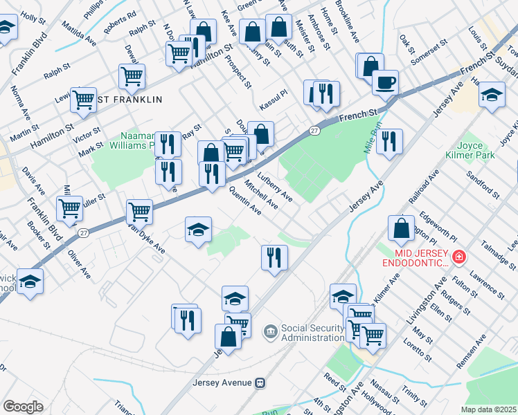 map of restaurants, bars, coffee shops, grocery stores, and more near 31 Langley Place in New Brunswick