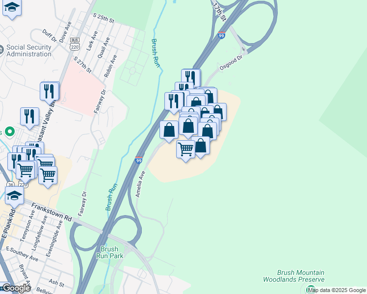map of restaurants, bars, coffee shops, grocery stores, and more near Sophira Lane in Hollidaysburg