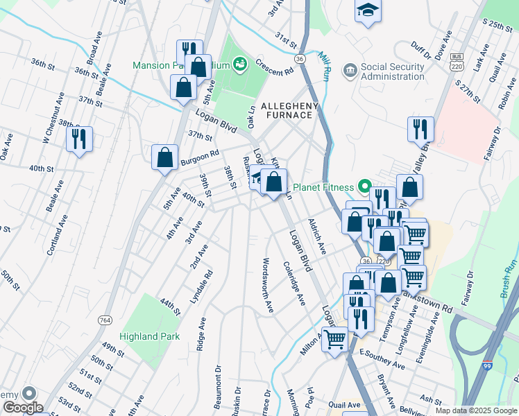 map of restaurants, bars, coffee shops, grocery stores, and more near 201 Ward Avenue in Altoona