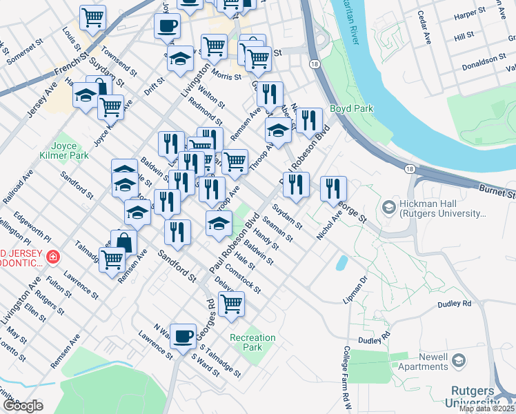 map of restaurants, bars, coffee shops, grocery stores, and more near 154 Commercial Avenue in New Brunswick