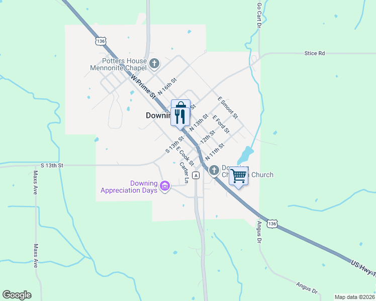 map of restaurants, bars, coffee shops, grocery stores, and more near South 12th Street in Downing