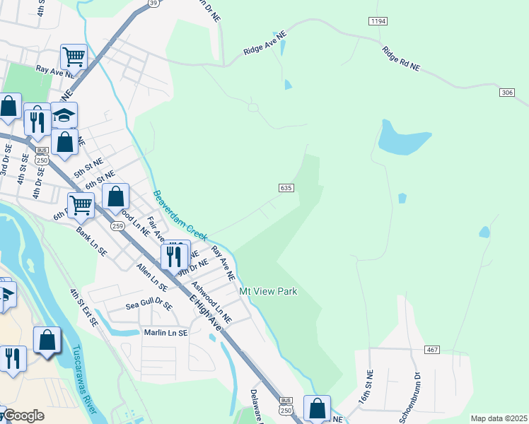 map of restaurants, bars, coffee shops, grocery stores, and more near 437 8th Drive Northeast in New Philadelphia