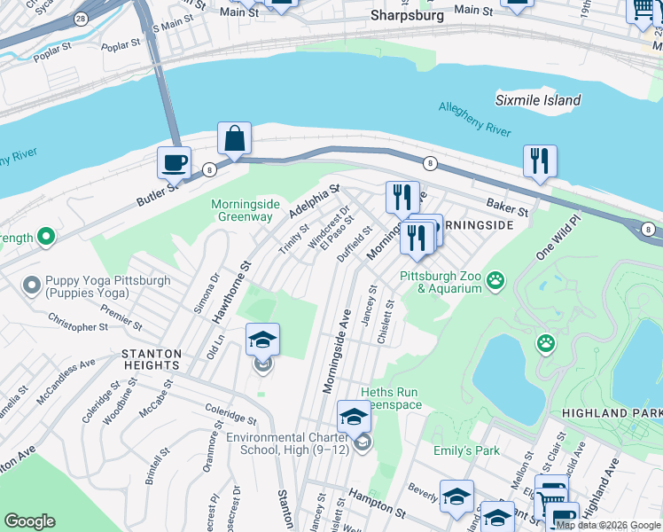 map of restaurants, bars, coffee shops, grocery stores, and more near 1665 Duffield Street in Pittsburgh