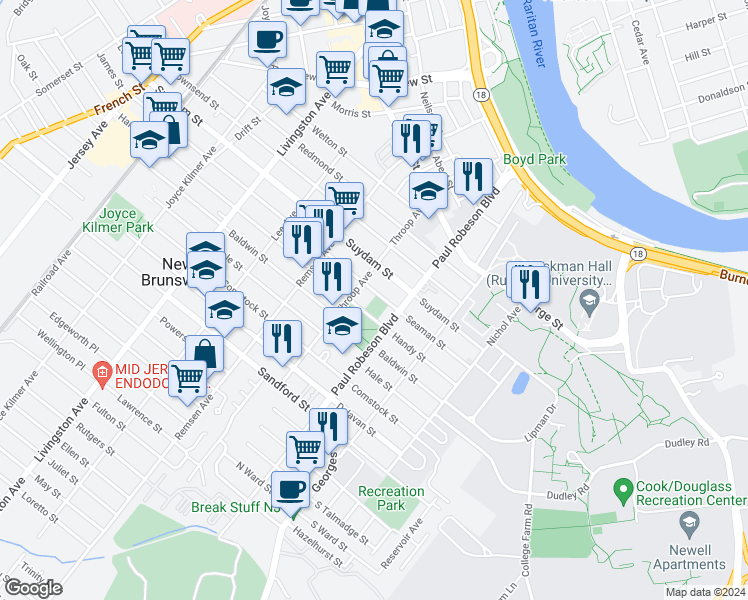 map of restaurants, bars, coffee shops, grocery stores, and more near 101 Handy Street in New Brunswick