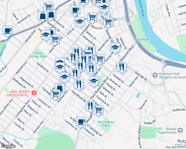 map of restaurants, bars, coffee shops, grocery stores, and more near 121 Throop Avenue in New Brunswick