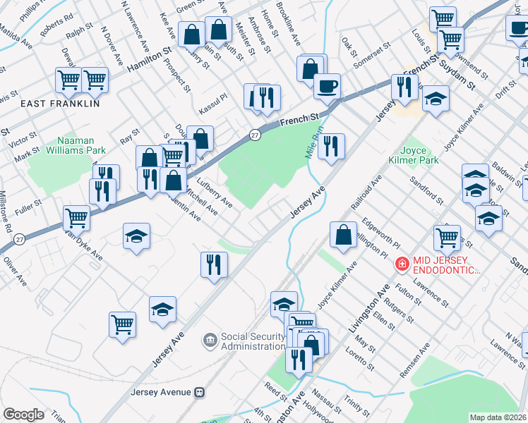 map of restaurants, bars, coffee shops, grocery stores, and more near 291 Jersey Avenue in New Brunswick