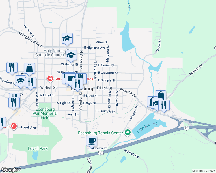 map of restaurants, bars, coffee shops, grocery stores, and more near 400 East High Street in Ebensburg