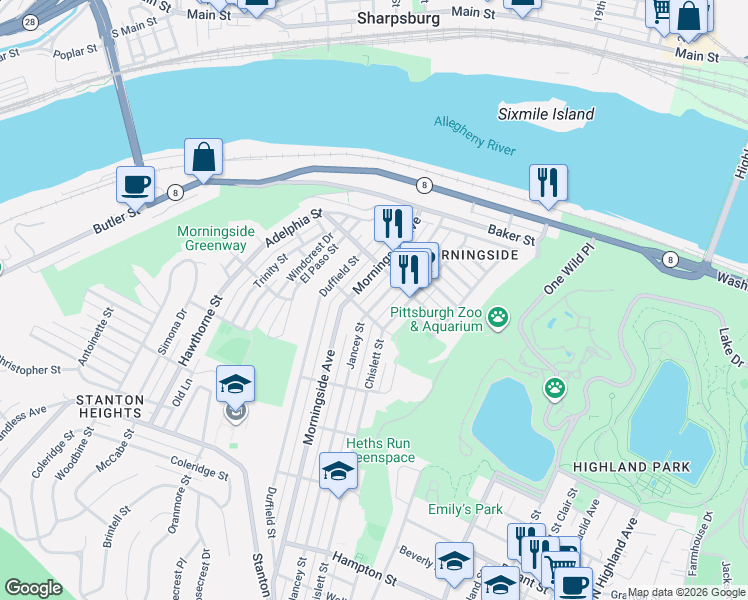 map of restaurants, bars, coffee shops, grocery stores, and more near 1704 Jancey Street in Pittsburgh