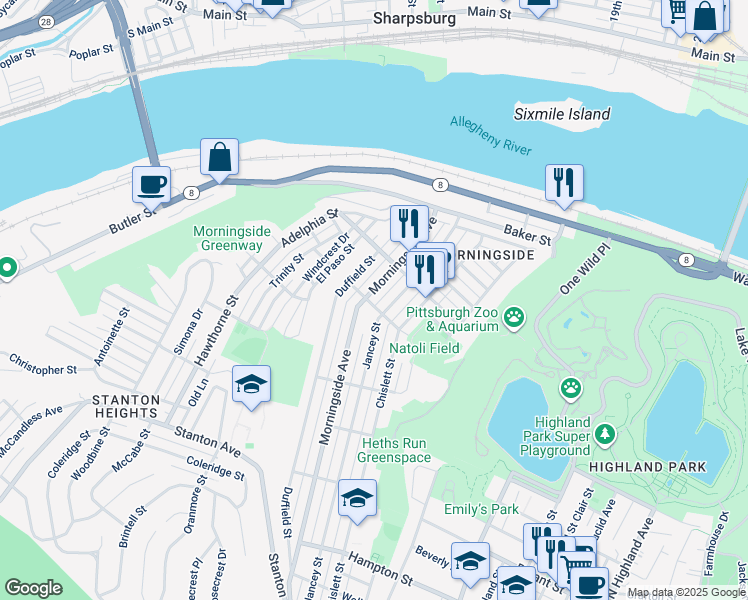 map of restaurants, bars, coffee shops, grocery stores, and more near 1704 Jancey Street in Pittsburgh