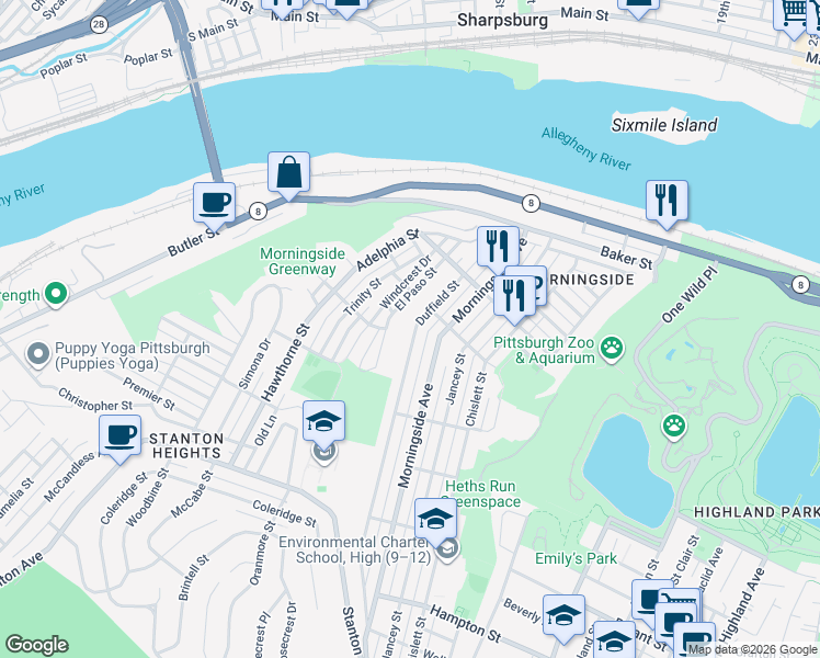 map of restaurants, bars, coffee shops, grocery stores, and more near 1665 Duffield Street in Pittsburgh
