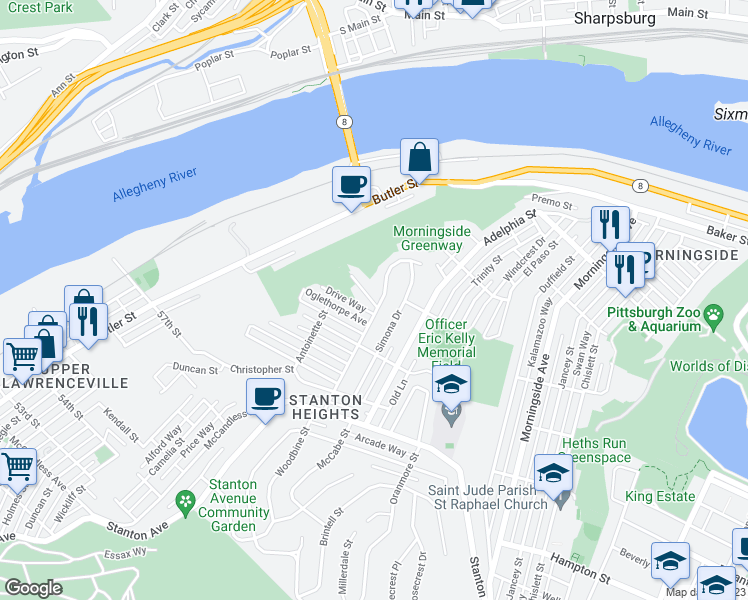 map of restaurants, bars, coffee shops, grocery stores, and more near 1448 Woodbine Street in Pittsburgh