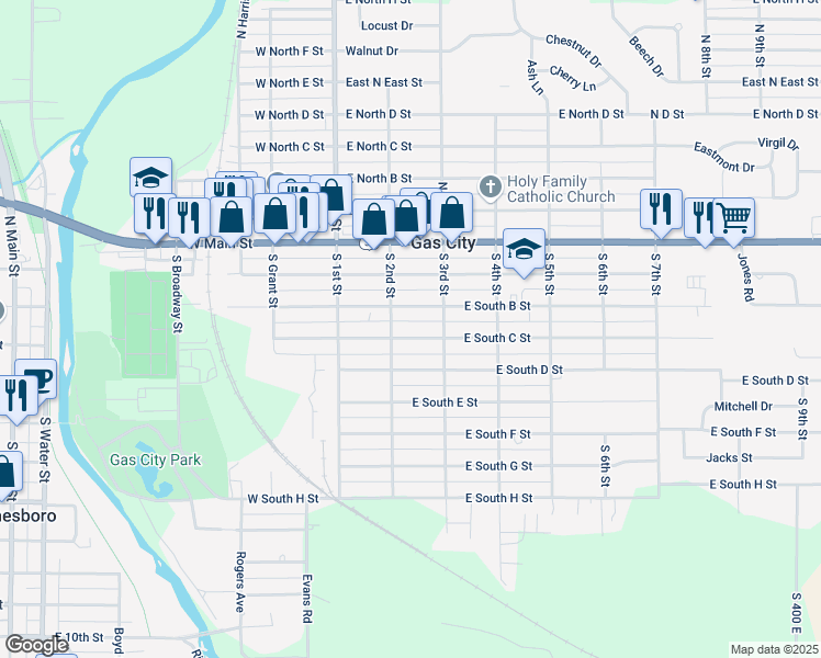 map of restaurants, bars, coffee shops, grocery stores, and more near 200-298 East South C Street in Gas City