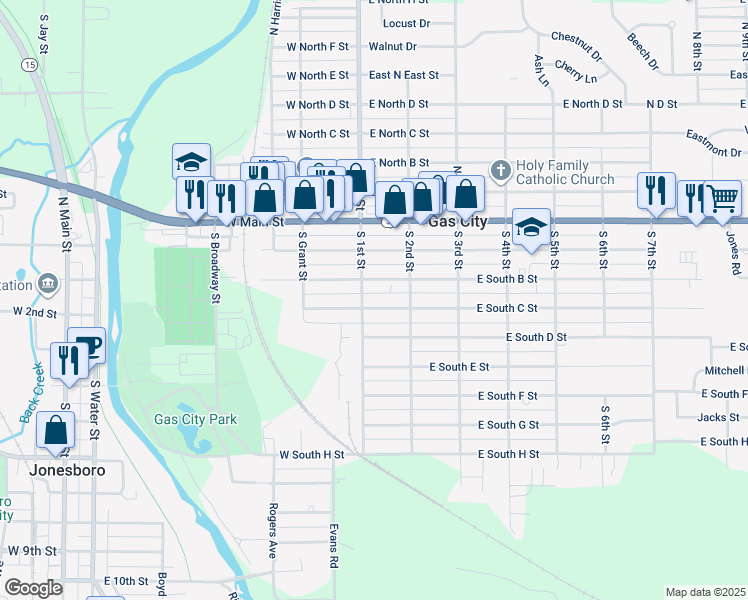 map of restaurants, bars, coffee shops, grocery stores, and more near 114-118 East South C Street in Gas City