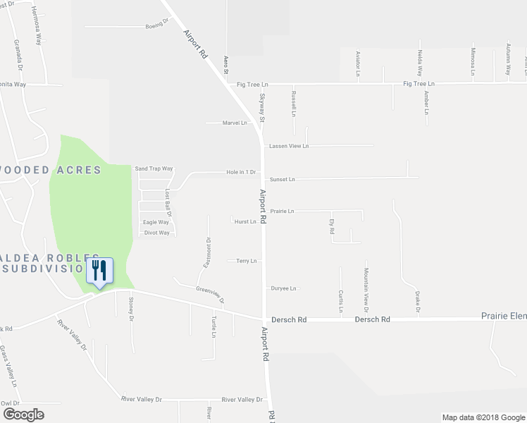 map of restaurants, bars, coffee shops, grocery stores, and more near Airport Road & Prairie Lane in Redding