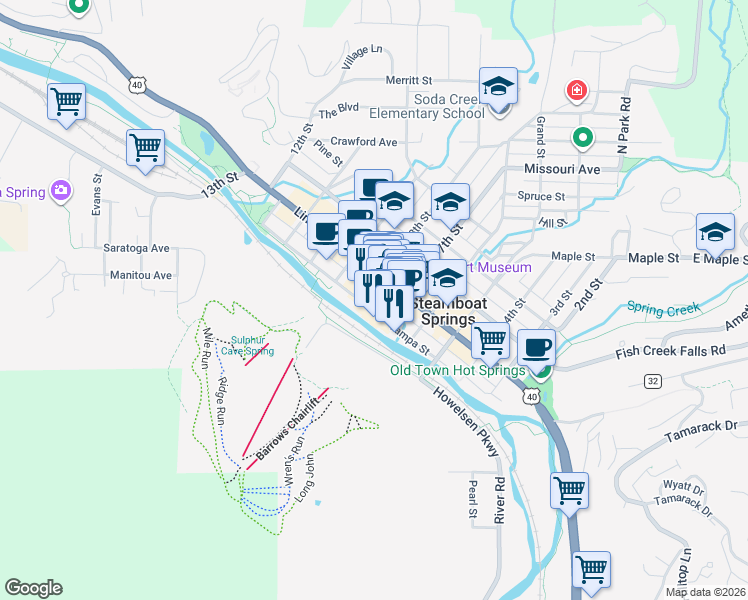 map of restaurants, bars, coffee shops, grocery stores, and more near 700 Yampa Street in Steamboat Springs