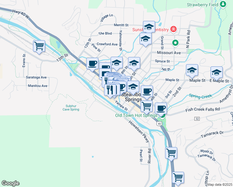 map of restaurants, bars, coffee shops, grocery stores, and more near 700 Yampa Street in Steamboat Springs