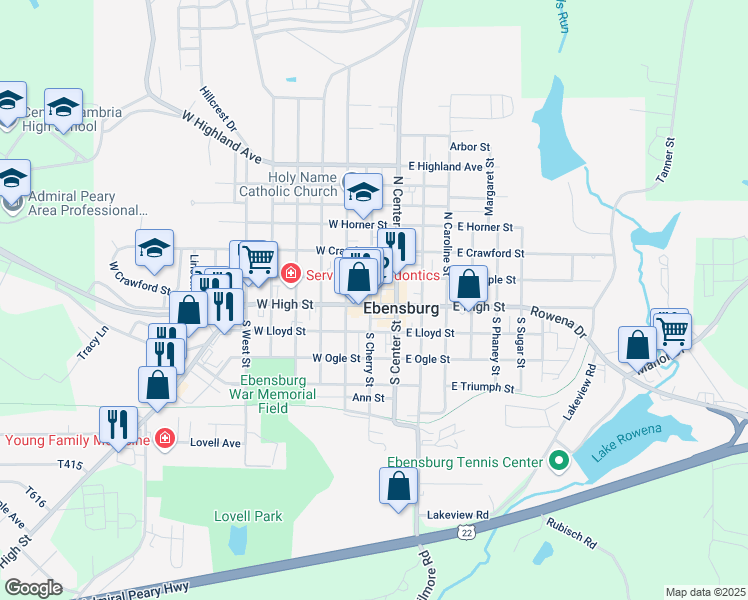 map of restaurants, bars, coffee shops, grocery stores, and more near 123-129 West High Street in Ebensburg