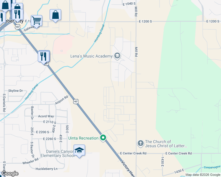 map of restaurants, bars, coffee shops, grocery stores, and more near 1828 South Sawmill Boulevard in Heber City