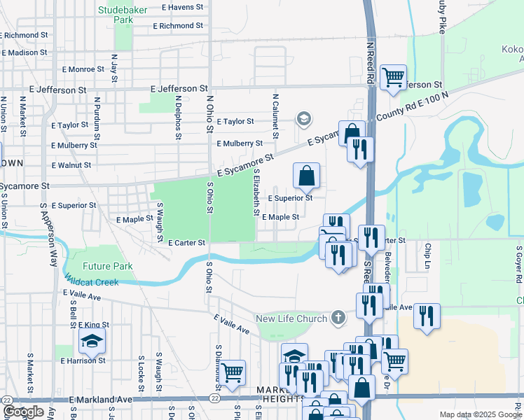 map of restaurants, bars, coffee shops, grocery stores, and more near South Calumet Street in Kokomo