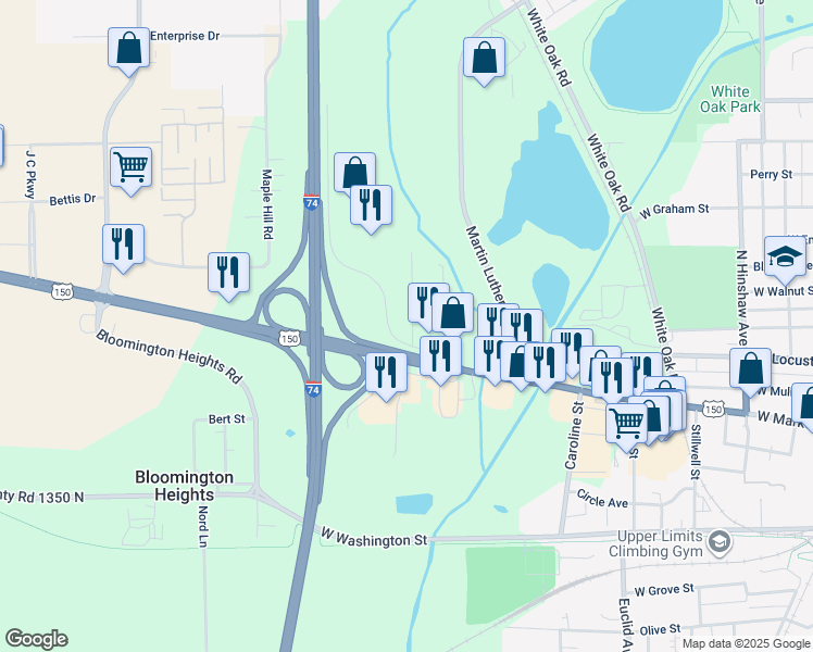 map of restaurants, bars, coffee shops, grocery stores, and more near 602 Brad Street in Bloomington