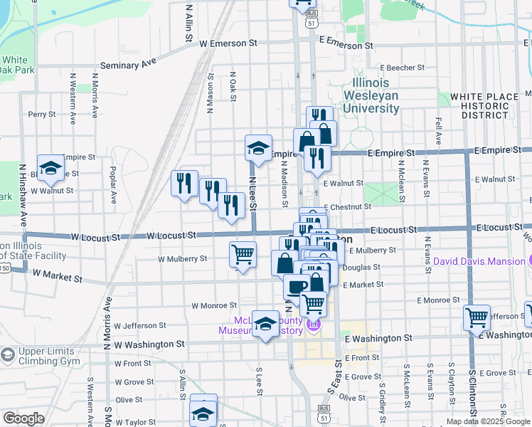 map of restaurants, bars, coffee shops, grocery stores, and more near 712 North Roosevelt Avenue in Bloomington