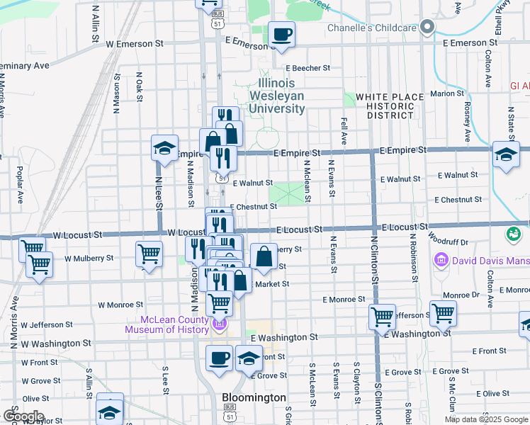 map of restaurants, bars, coffee shops, grocery stores, and more near 812 North Prairie Street in Bloomington