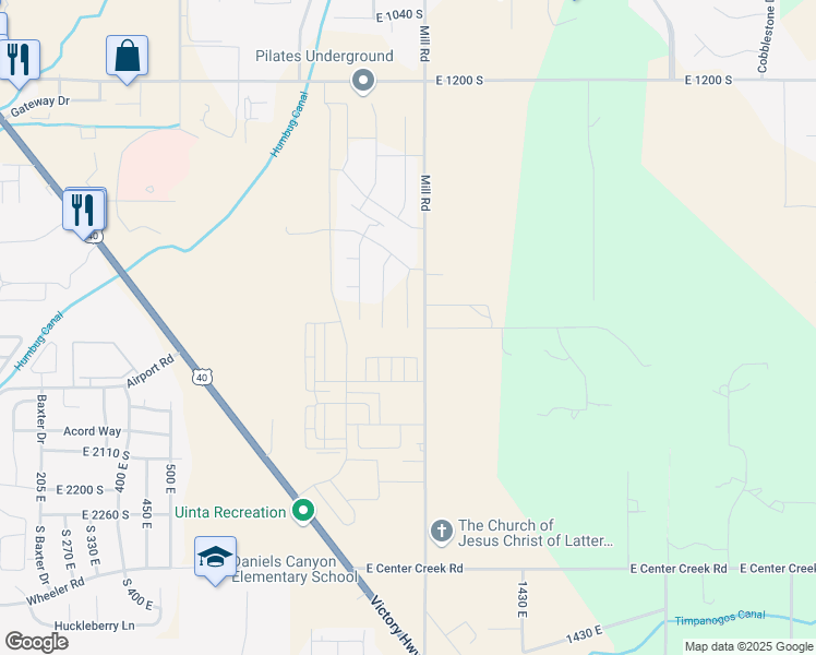 map of restaurants, bars, coffee shops, grocery stores, and more near 1854 South 1160 East in Daniel