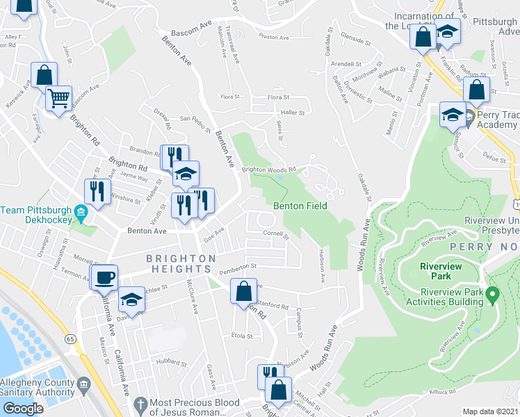 map of restaurants, bars, coffee shops, grocery stores, and more near 1142 Goe Avenue in Pittsburgh