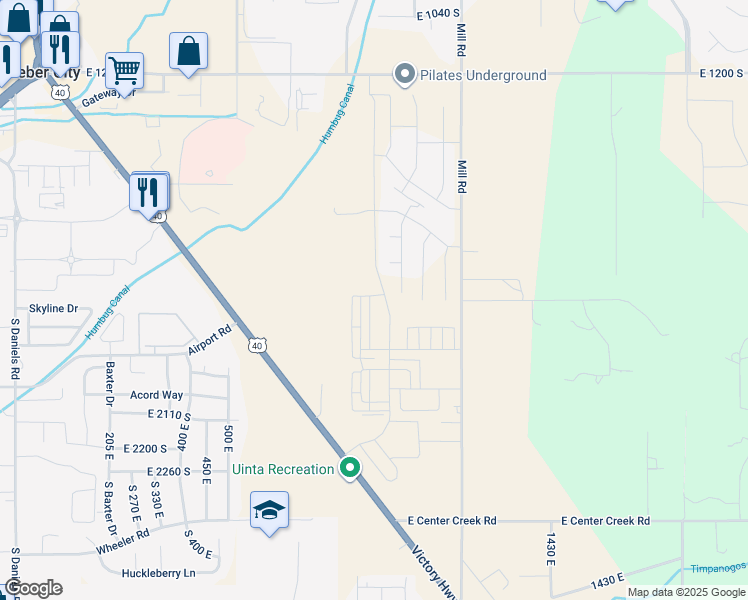 map of restaurants, bars, coffee shops, grocery stores, and more near 1828 South Sawmill Boulevard in Heber City