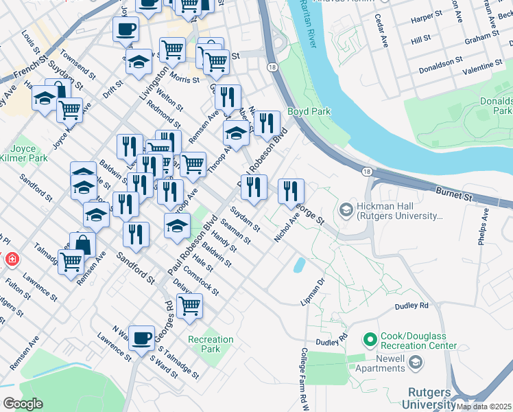 map of restaurants, bars, coffee shops, grocery stores, and more near 53 Suydam Street in New Brunswick