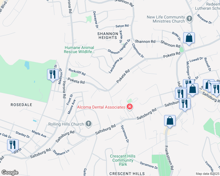 map of restaurants, bars, coffee shops, grocery stores, and more near 6029 Poketa Road in Verona
