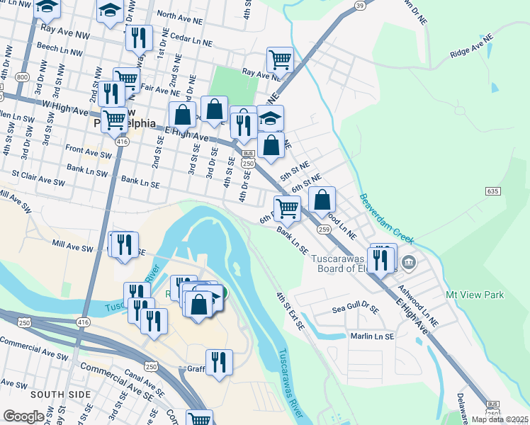 map of restaurants, bars, coffee shops, grocery stores, and more near 135 6th Drive Southeast in New Philadelphia