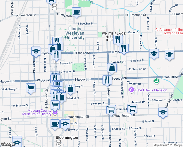 map of restaurants, bars, coffee shops, grocery stores, and more near 804 North Evans Street in Bloomington