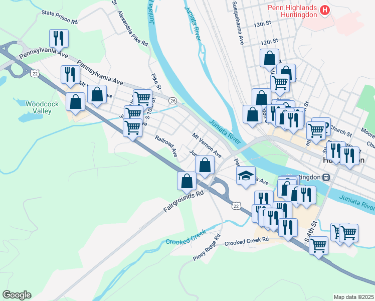 map of restaurants, bars, coffee shops, grocery stores, and more near 301 Spruce Street in Huntingdon